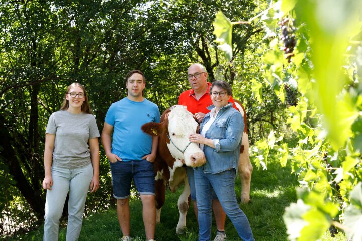 Familie mit Kuh auf einer Weide.